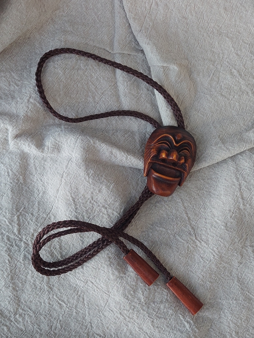 Vintage South Korean Hahoe Folk Village Mask Bolo Tie - Signed "Hahoe Highest"